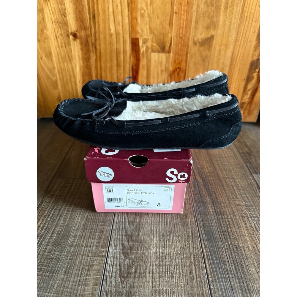 SO Berkley Suede Moccasin Slippers Sz. 8 Black - Picture 2 of 8